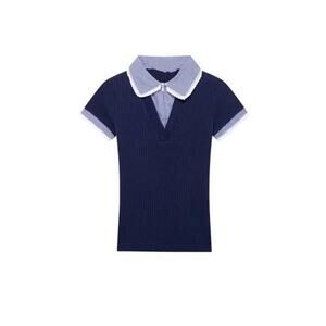 Zara Ribbed Peter Pan Collar graham Top Medium Blue Preppy Equestrian Academia